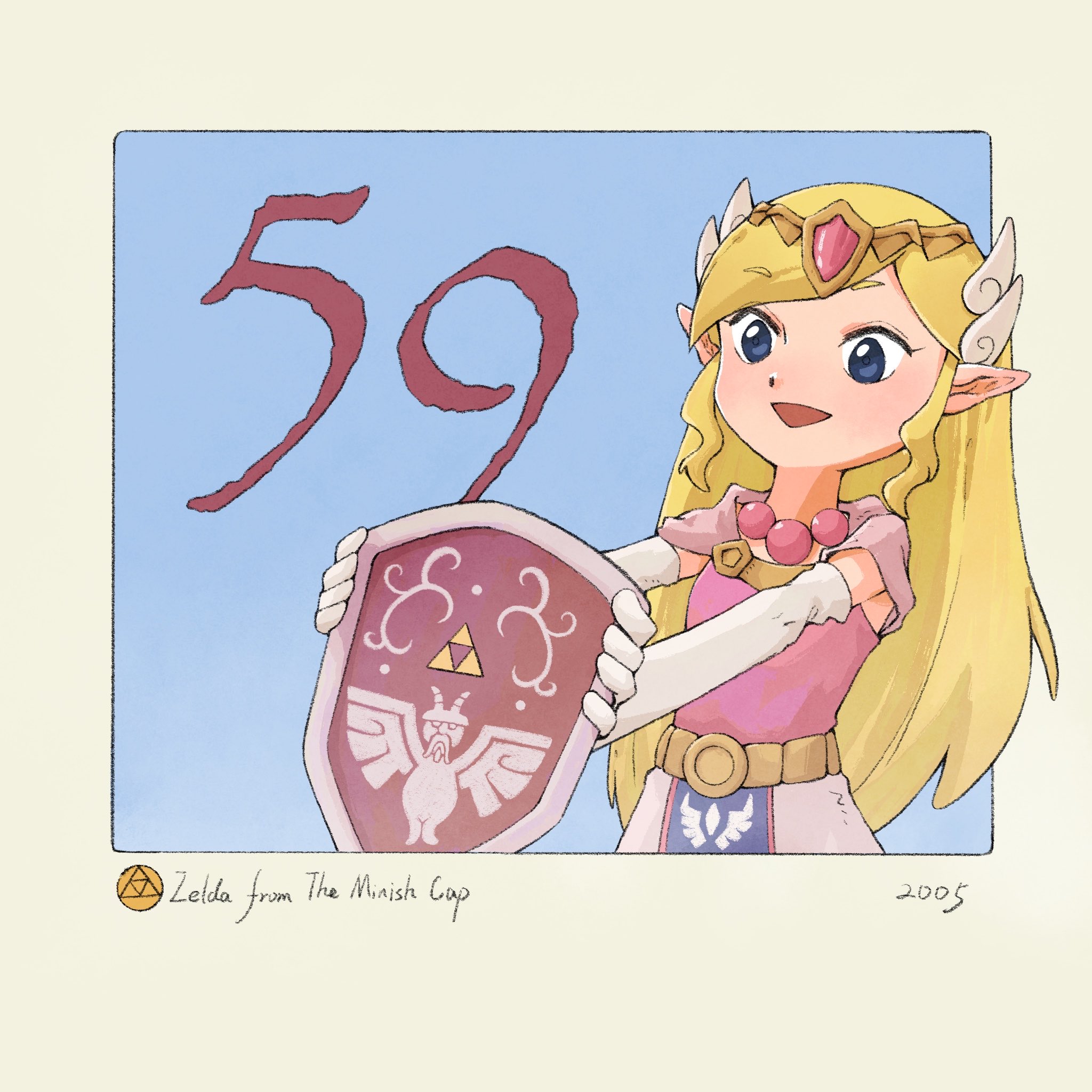 yangyaozigo, princess zelda, nintendo, the legend of zelda, the legend of zelda: the minish cap, commentary, english commentary, highres, 1girl, blonde hair, blue background, border, character name, copyright name, dress, elbow gloves, gloves, hair ornament, holding, holding shield, long hair, outside border, pink dress, shield, solo, tiara, triangle mouth, triforce, white gloves, wing hair ornament