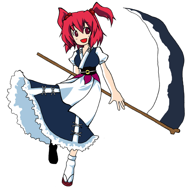 kawamuraya, onozuka komachi, touhou, 1girl, bow, female focus, frilled skirt, frills, full body, hair bow, open mouth, red eyes, red hair, sandals, sash, scythe, short hair, simple background, skirt, smile, socks, solo, twintails, two side up, white background, white socks, zouri