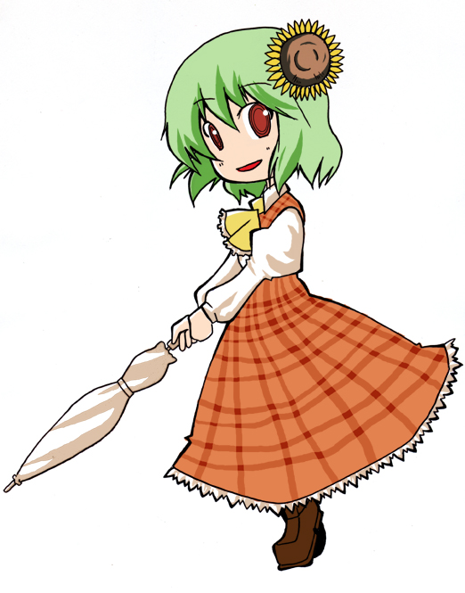 kawamuraya, kazami yuuka, touhou, 1girl, ascot, closed umbrella, female focus, flower, green hair, hair flower, hair ornament, loafers, plaid clothes, plaid skirt, plaid vest, red eyes, shoes, short hair, skirt, skirt set, smile, solo, sunflower, umbrella, vest