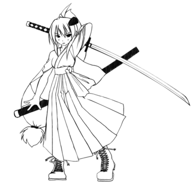 kawamuraya, tagme, boots, greyscale, japanese clothes, monochrome, solo, sword, weapon
