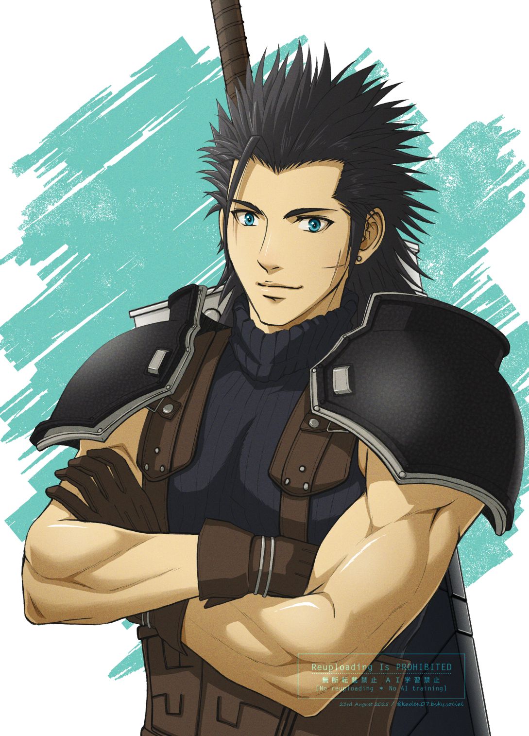 kaden ff7, zack fair, crisis core final fantasy vii, final fantasy, final fantasy vii, commentary request, highres, 1boy, armor, black hair, blue eyes, blue sweater, brown gloves, buster sword, closed mouth, cross scar, crossed arms, earrings, facial scar, gloves, jewelry, looking at viewer, male focus, ribbed sweater, scar, scar on cheek, scar on face, shoulder armor, sleeveless, sleeveless turtleneck, smile, solo, spiked hair, stud earrings, sweater, sword, sword on back, turtleneck, turtleneck sweater, upper body, weapon, weapon on back