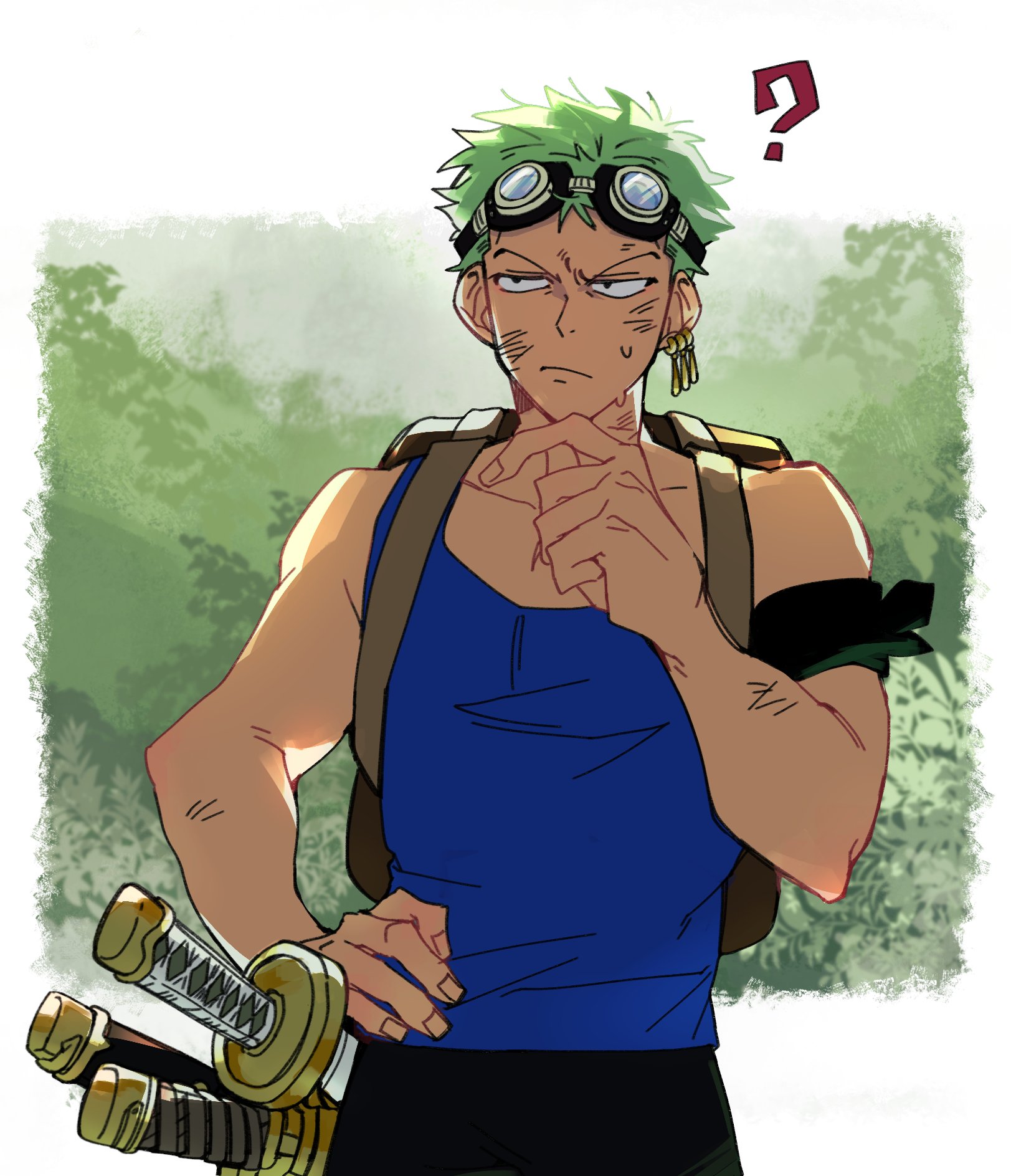 roronoa zoro, one piece, commentary, commentary request, highres, korean commentary, 1boy, :/, ?, arm up, backpack, bag, bandana, bandana around arm, black pants, blue tank top, collarbone, cowboy shot, dirty, dirty face, earrings, f104 2, fingernails, goggles, goggles on head, green hair, hand on own face, hand on own hip, holstered, jewelry, jungle, male focus, multiple earrings, nature, outdoors, pants, piercing, short hair, solo, standing, sweat, sword, tank top, tree, weapon