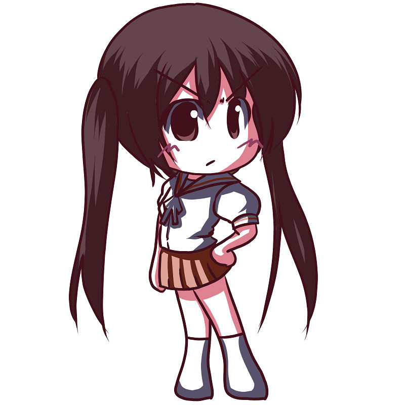 fictional sister, minami kana, minami-ke, >:(, 00s, 1girl, angry, blue ribbon, blush, chibi, female focus, frown, full body, kneehighs, pleated skirt, puffy short sleeves, puffy sleeves, ribbon, short sleeves, simple background, skirt, socks, solo, standing, twintails, v-shaped eyebrows, white background, white socks