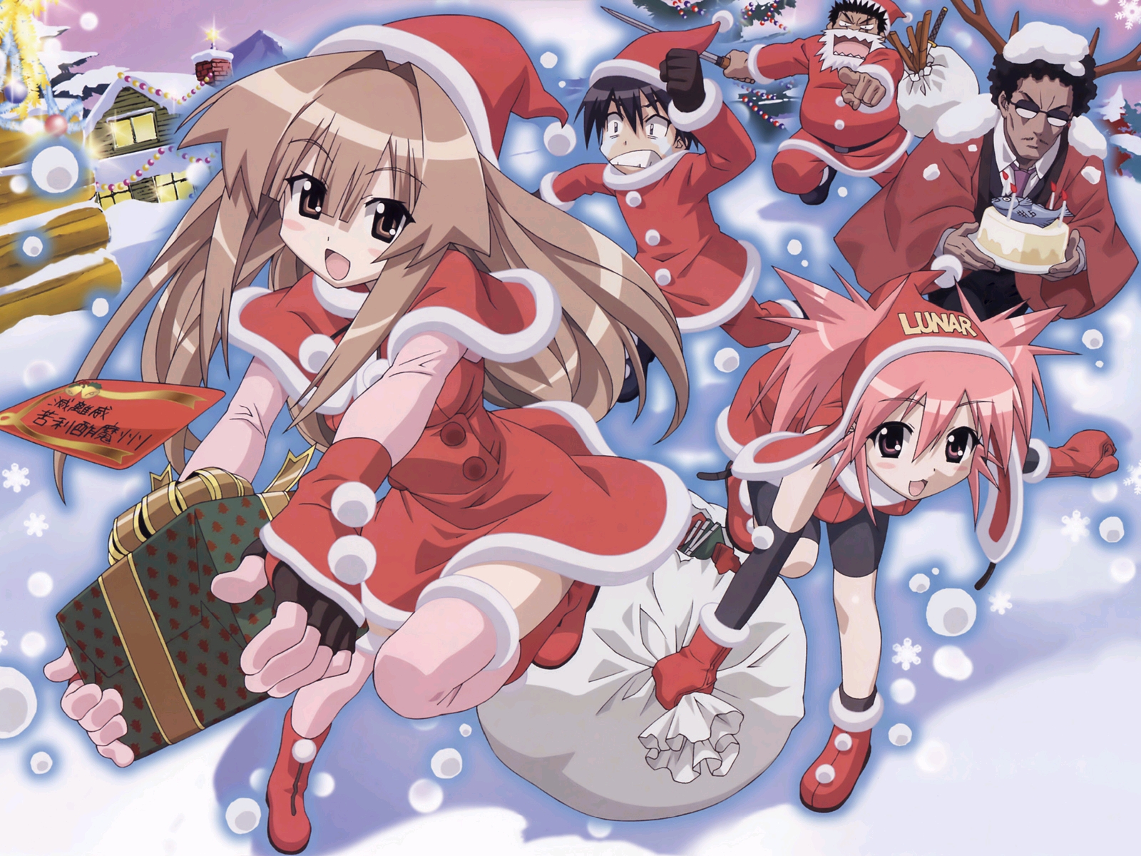 masa, edomae lunar, masa (seto no hanayome), michishio nagasumi, seto gouzaburou, seto sun, seto no hanayome, highres, 00s, 2girls, 3boys, afro, christmas, multiple boys, multiple girls, santa costume, snow, snowflakes, snowing