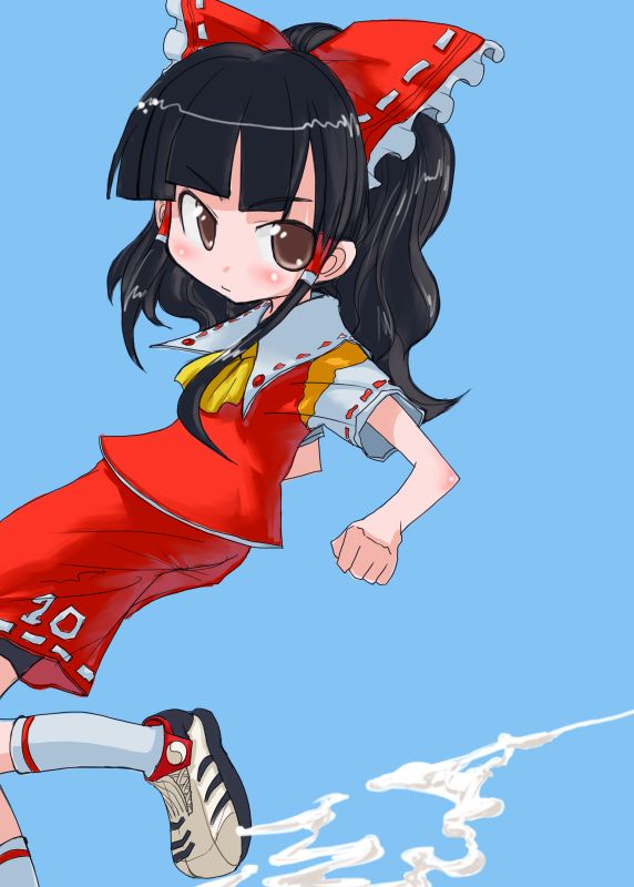 tao, tao (kadoya), hakurei reimu, touhou, 1girl, female focus, shoes, shorts, sneakers, solo