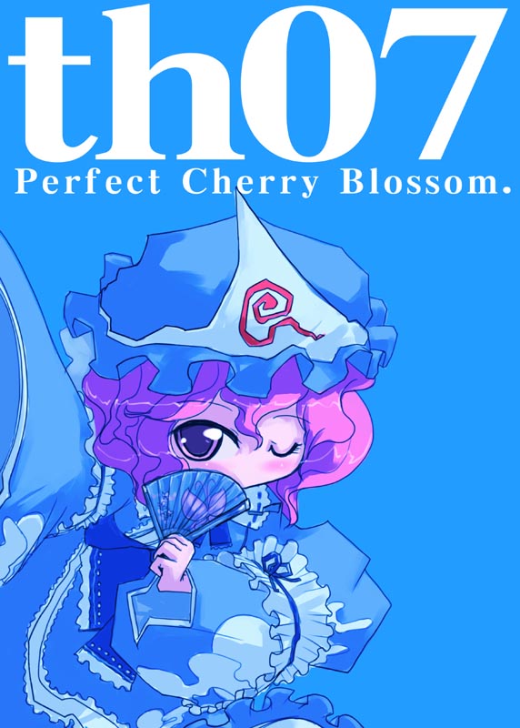 tao, tao (kadoya), saigyouji yuyuko, perfect cherry blossom, touhou, eyebrows, 1girl, blue background, blue theme, blush, copyright name, female focus, hand fan, hat, japanese clothes, kimono, long sleeves, looking at viewer, mob cap, one eye closed, outstretched arm, pink eyes, pink hair, short hair, solo, triangular headpiece