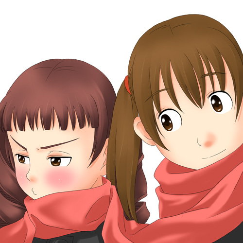 toshifumi, fukuzawa yumi, matsudaira touko, maria-sama ga miteru, lowres, 00s, blush, scarf, shared clothes, shared scarf