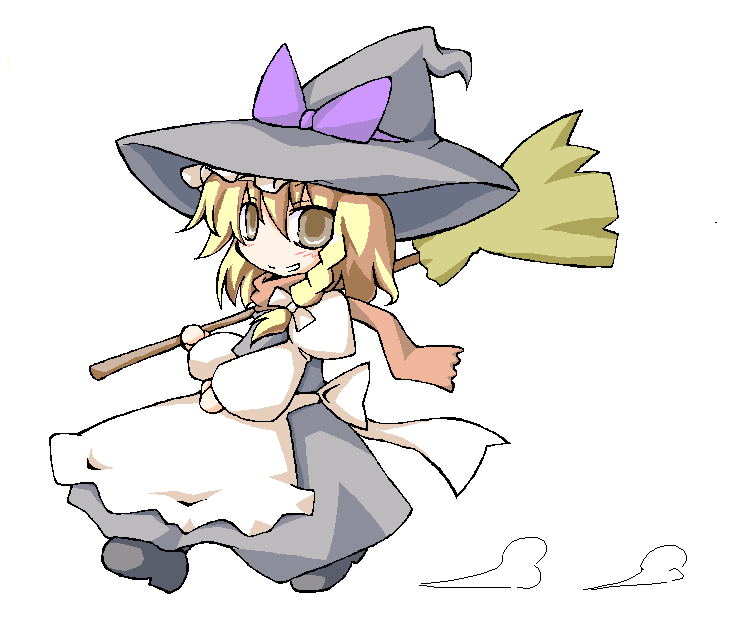 take tonbo, kirisame marisa, touhou, 1girl, blonde hair, braid, broom, brown eyes, chibi, dress, female focus, hat, simple background, solo, white background, witch, witch hat