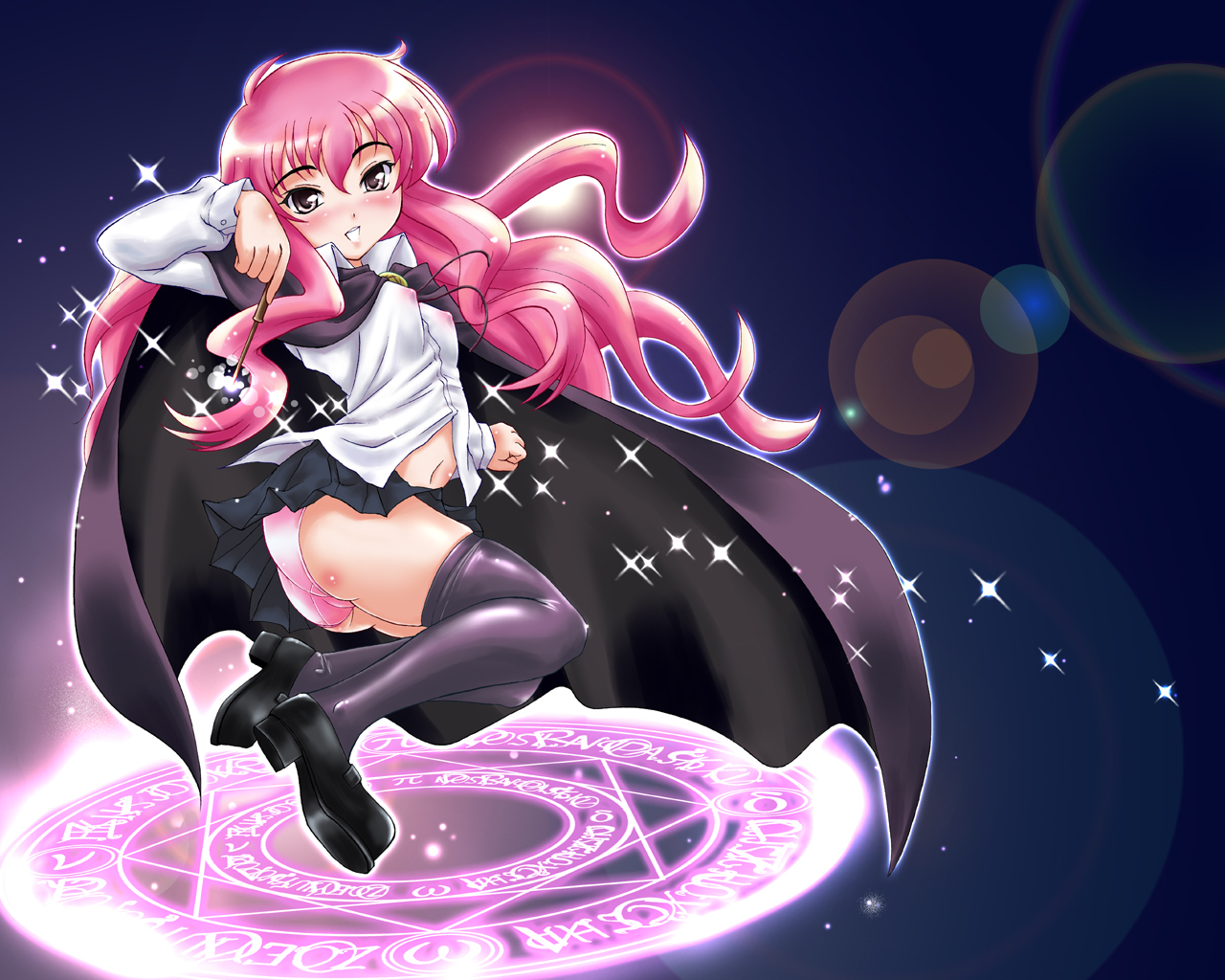 amanogami dai, amanogamidai, louise francoise le blanc de la valliere, zero no tsukaima, 00s, 1girl, blue background, blush, breasts, cape, female focus, magic circle, medium breasts, navel, nipples, octagram, panties, pink hair, skirt, solo, thighhighs, underwear, wand, zettai ryouiki