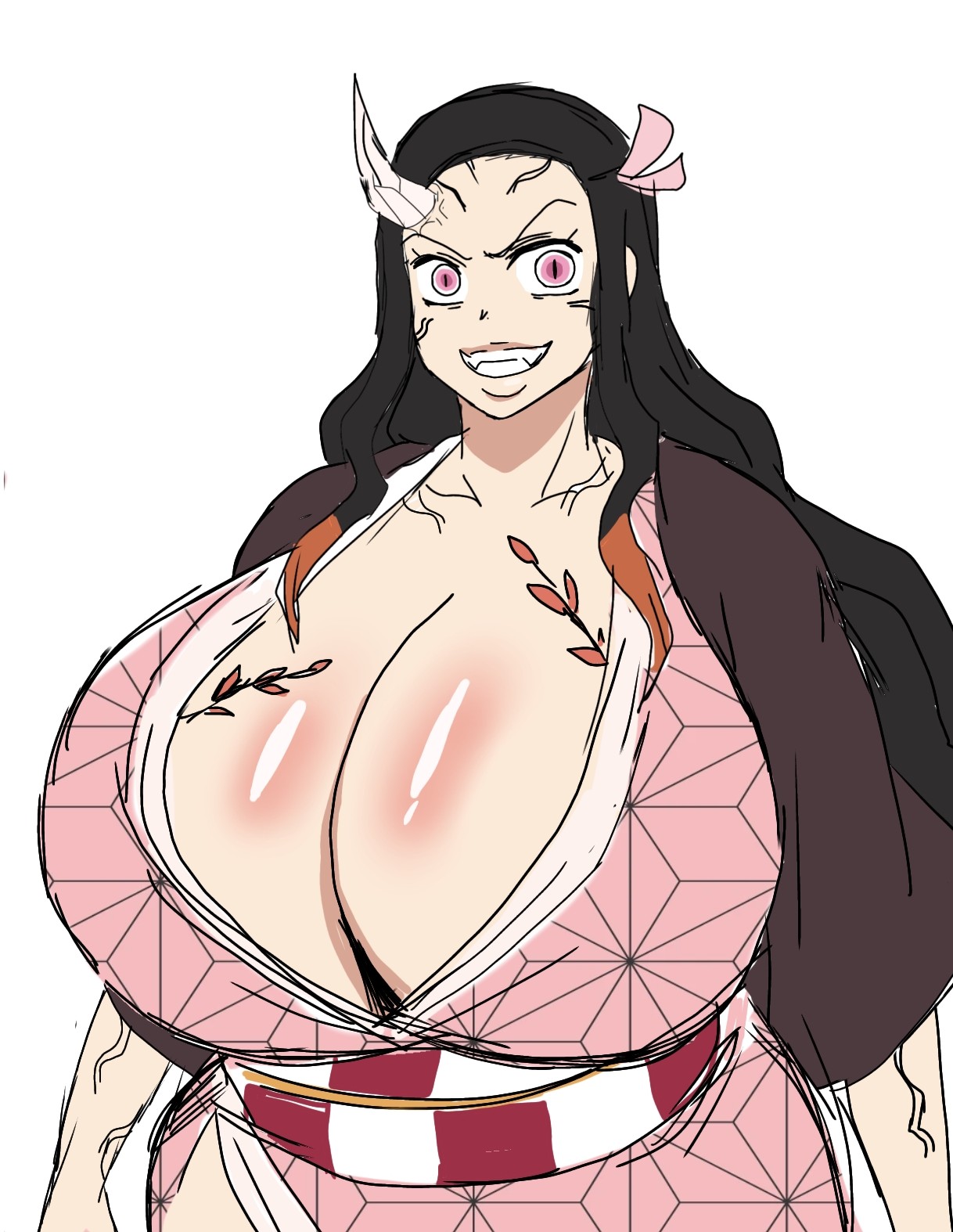 momijizx, kamado nezuko, kimetsu no yaiba, 1girl, breasts, cleavage, huge breasts