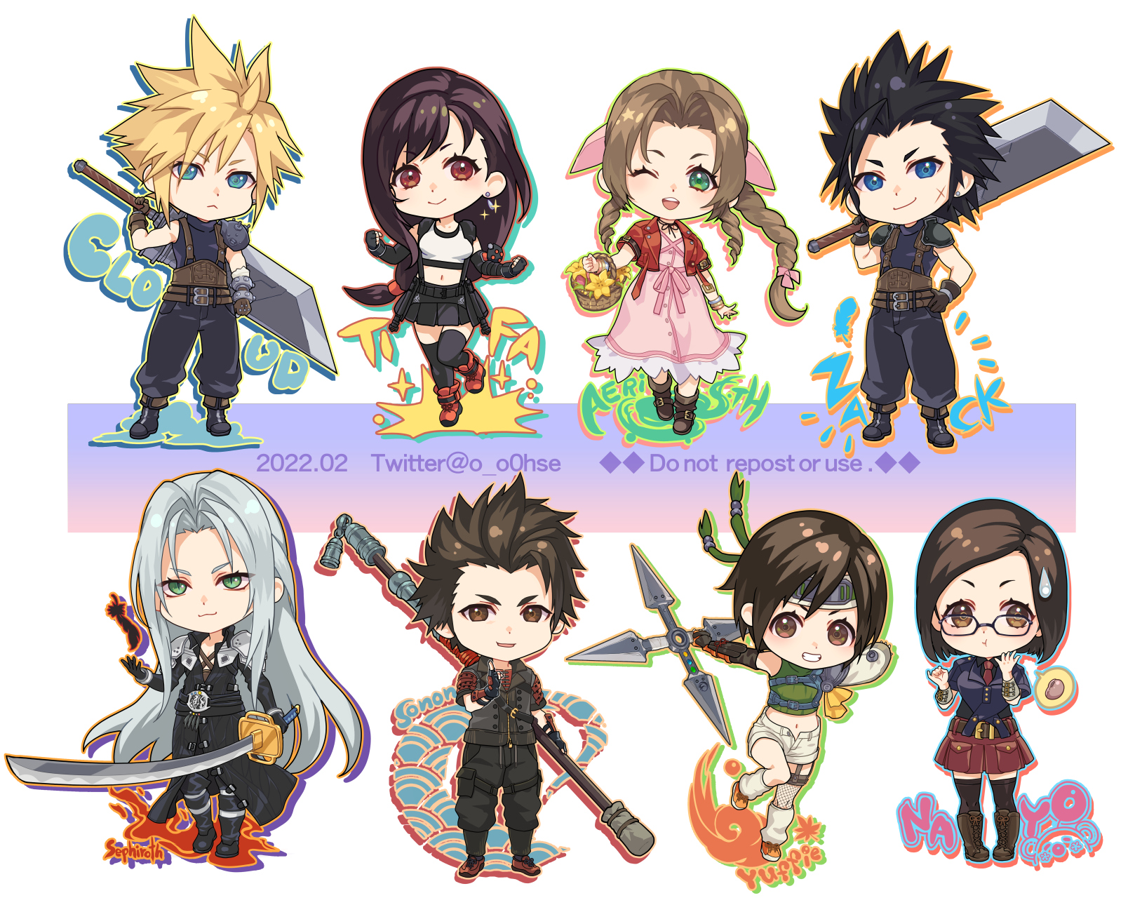 ohse, aerith gainsborough, cloud strife, nayo (ff7), sephiroth, sonon kusakabe, tifa lockhart, yuffie kisaragi, zack fair, final fantasy, final fantasy vii, final fantasy vii remake, highres, 4boys, 4girls, armor, baggy pants, basket, black coat, black gloves, black hair, black thighhighs, blonde hair, blue eyes, blush, boots, braid, braided ponytail, breasts, brown eyes, brown hair, buster sword, character name, closed mouth, coat, crop top, cross scar, dress, earrings, facial scar, fingerless gloves, flower, full body, glasses, gloves, green eyes, green sweater, grey hair, hair ribbon, hand on own hip, headband, holding, holding basket, holding shuriken, holding staff, holding sword, holding weapon, jacket, jewelry, long hair, looking at viewer, masamune (ff7), medium breasts, midriff, miniskirt, multiple boys, multiple girls, navel, one eye closed, open clothes, open jacket, pants, parted bangs, pink dress, pink ribbon, ponytail, red boots, red eyes, red jacket, ribbon, scar, scar on cheek, scar on face, shirt, short hair, shorts, shoulder armor, shuriken, single earring, skirt, sleeveless, sleeveless turtleneck, smile, spiked hair, staff, standing, standing on one leg, straight-on, sweatdrop, sweater, swept bangs, sword, tank top, thighhighs, turtleneck, turtleneck sweater, twitter username, weapon, white tank top, yellow flower