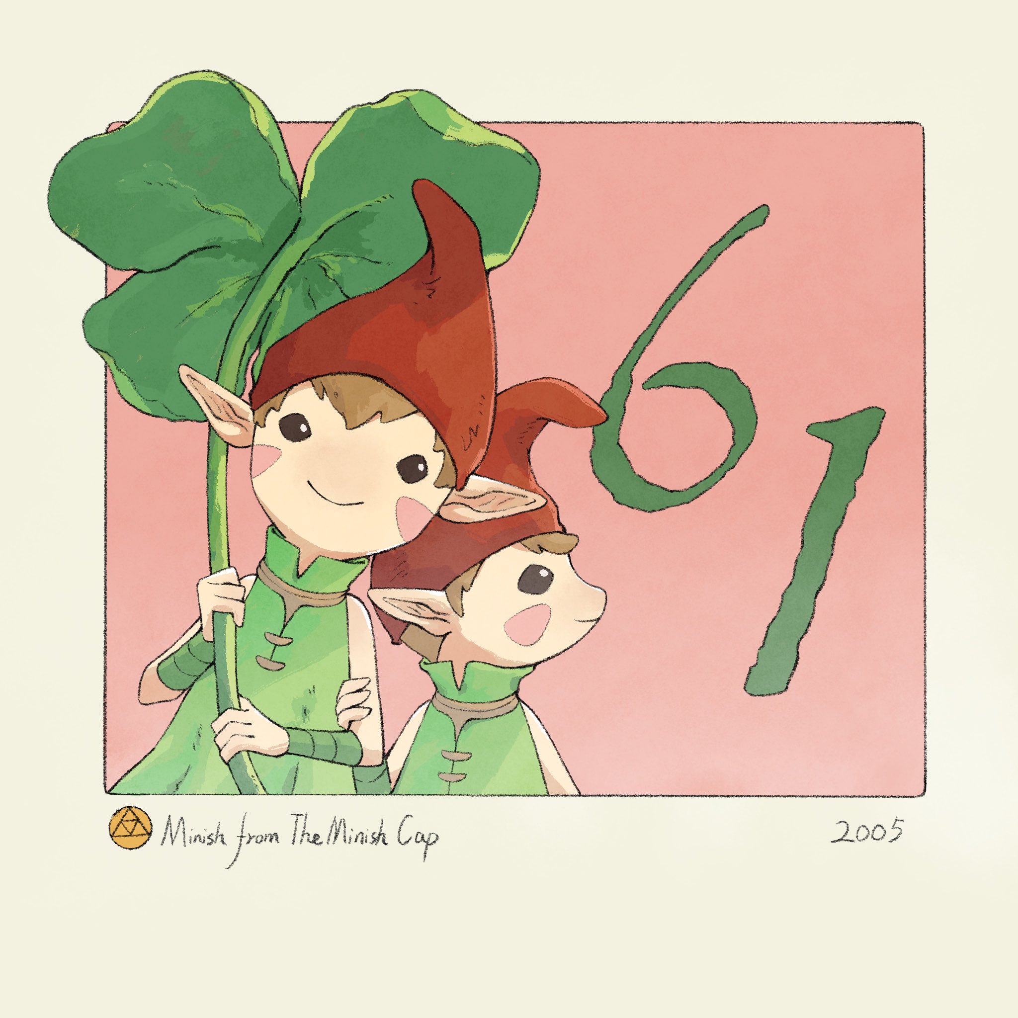 yangyaozigo, minish, nintendo, the legend of zelda, the legend of zelda: the minish cap, commentary, english commentary, highres, 2others, blush stickers, border, brown hair, character name, copyright name, green shirt, hat, looking at viewer, multiple others, other focus, outside border, pink background, pointy ears, red hat, shirt, short hair