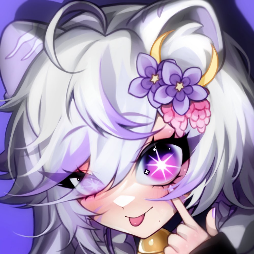 original, commentary, symbol-only commentary, 1girl, ahoge, akanbe, animal ear fluff, animal ears, blush, eyelashes, eyelid pull, flower, hair between eyes, hair flower, hair ornament, hair over one eye, hand up, im monimon, looking at viewer, mole, mole under mouth, multicolored hair, nail polish, portrait, purple background, purple eyes, purple nails, purple streaks, short hair, simple background, smile, solo, streaked hair, swept bangs, tongue, tongue out, white hair