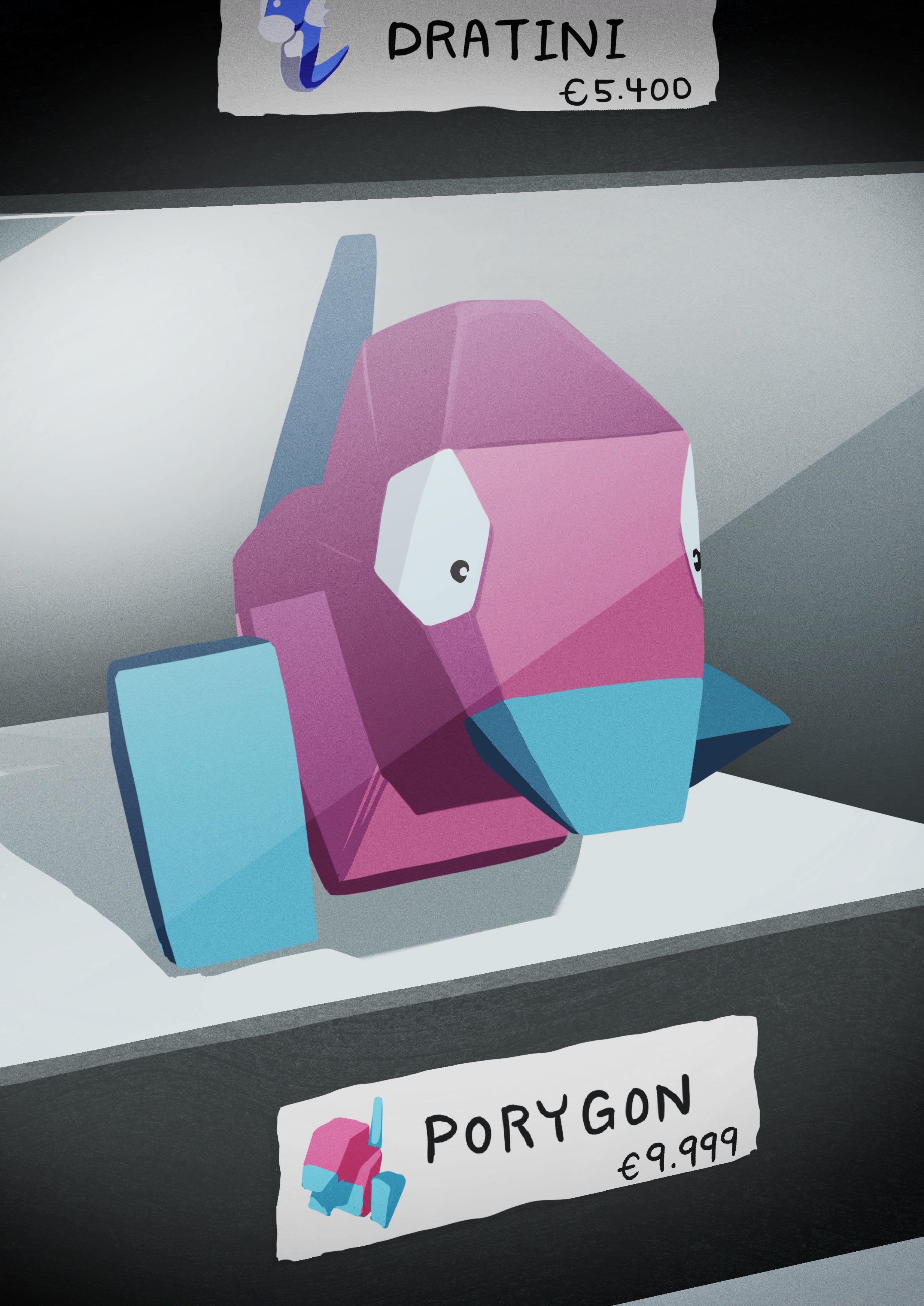 suchi (fsur7444), dratini, porygon, nintendo, pokemon, absurdres, commentary request, highres, character name, display case, full body, gen 1 pokemon, no humans, pokemon (creature), pokemon focus, price, solo