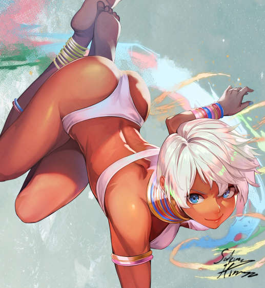 hinoru saikusa, elena (street fighter), street fighter, commentary, 1girl, anklet, ass, barefoot, blue eyes, bra, dark-skinned female, dark skin, dynamic pose, jewelry, panties, short hair, signature, smile, soles, solo, underwear, white bra, white hair, white panties