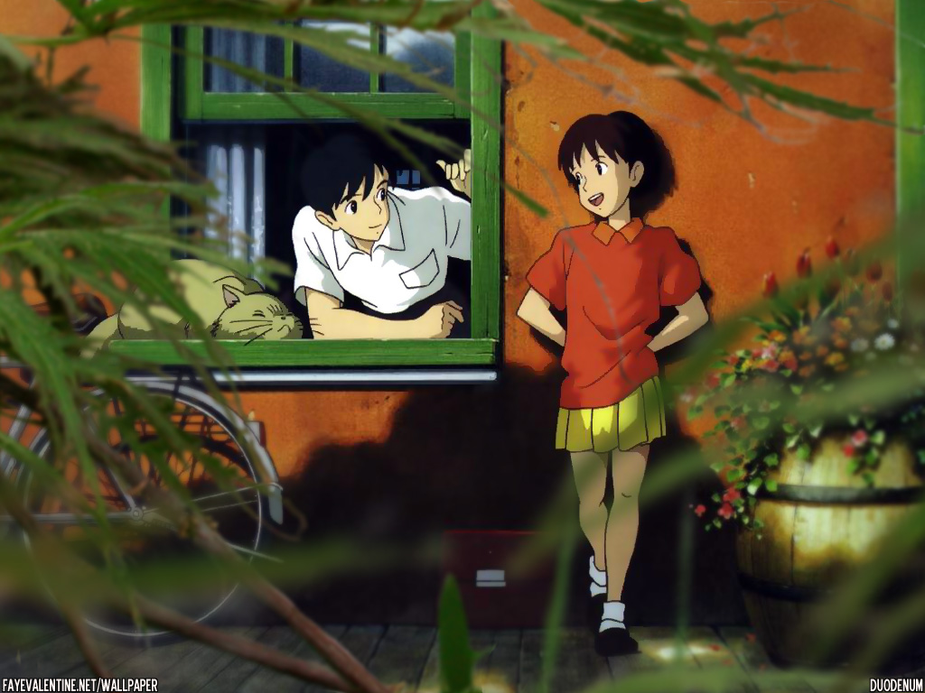 amasawa seiji, tsukishima shizuku, mimi wo sumaseba, studio ghibli, 1990s (style), 1boy, 1girl, barrel, bicycle, cat, eye contact, leaning, looking at another, looking outside, open window, red shirt, retro artstyle, shirt, skirt, standing, watermark, white shirt, window, yellow skirt