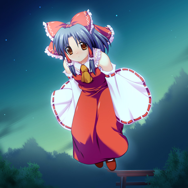 maroppe, hakurei reimu, imperishable night, touhou, 1girl, ascot, bare shoulders, black hair, bow, detached sleeves, female focus, flying, hair bow, hair tubes, looking at viewer, night, night sky, orange eyes, red bow, red ribbon, red shoes, red skirt, ribbon, ribbon-trimmed sleeves, ribbon trim, shoes, sidelocks, skirt, sky, solo, star (sky), torii