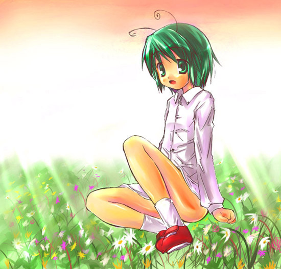 wriggle nightbug, touhou, 1girl, antennae, female focus, flower, full body, gradient background, grass, green eyes, green hair, matching hair/eyes, nature, no pants, outdoors, plant, red shoes, shirt, shoes, short hair, sitting, sky, socks, solo, white background