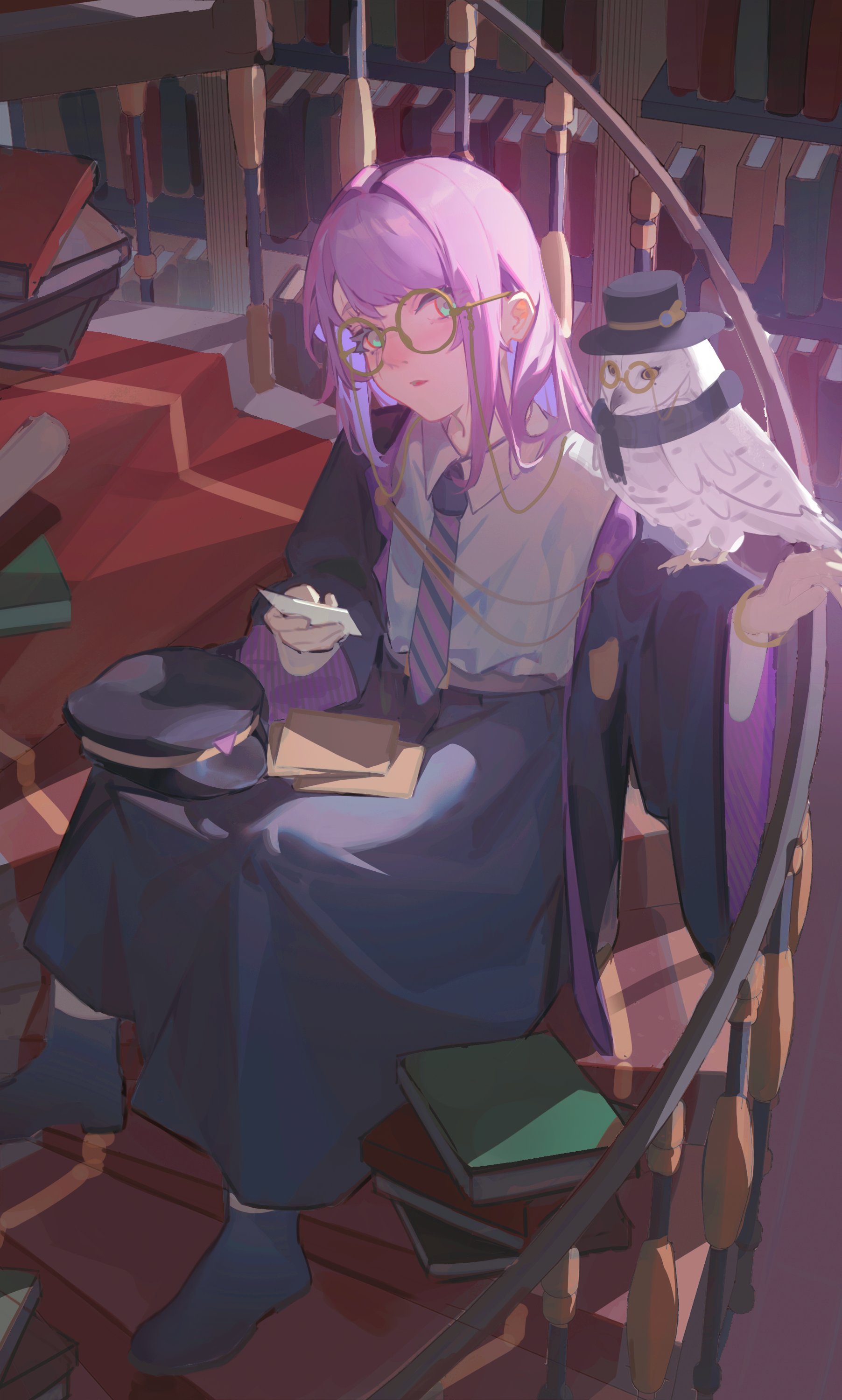 lanchuan, original, absurdres, highres, 1girl, animal, animal on arm, aqua eyes, bird, black hat, black robe, black shoes, black skirt, book, collared shirt, hat, long hair, long skirt, long sleeves, necktie, owl, purple hair, robe, round eyewear, shirt, shoes, sitting, skirt, solo, striped necktie, unworn hat, unworn headwear, white shirt, wide sleeves