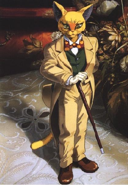 the baron (mimi wo sumaseba), mimi wo sumaseba, neko no ongaeshi, studio ghibli, 00s, 1990s (style), 1boy, animal ears, body fur, bow, bowtie, cane, cat, cat ears, cat tail, formal clothes, furry, furry male, gloves, hat, high-waist pants, male focus, pants, retro artstyle, solo, standing, suit, tail, tailcoat, top hat, traditional bowtie, vest, wing collar