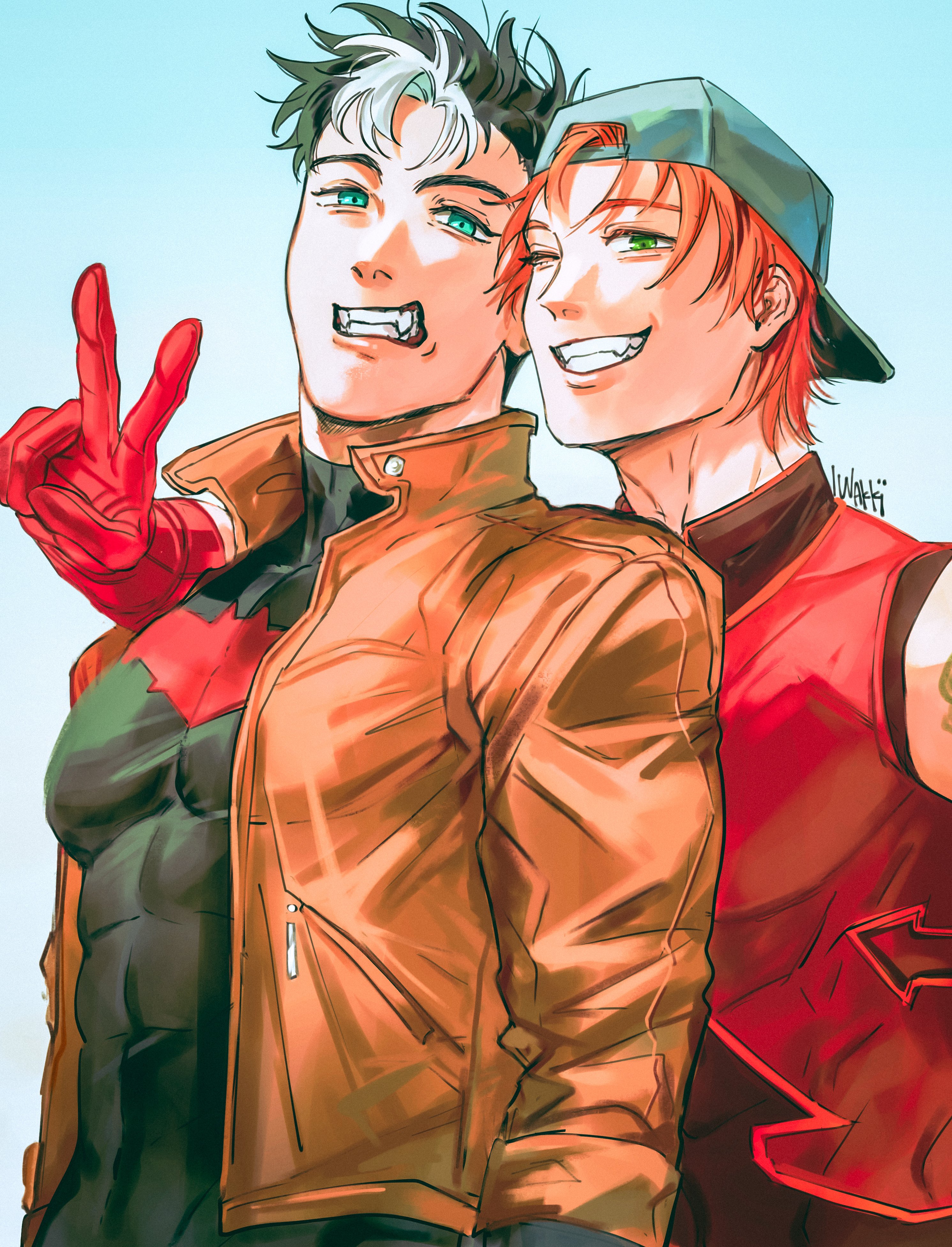 iwakki, arsenal (dc), jason todd, red hood (dc), roy harper, batman (series), dc comics, absurdres, highres, backwards hat, bat signal, batman symbol, black bodysuit, black hair, bodysuit, brown jacket, gloves, green eyes, grey bodysuit, hat, jacket, male focus, multicolored hair, multiple boys, muscular, muscular male, open clothes, red hood and the outlaws, short hair, superhero costume, taut bodysuit, two-tone bodysuit