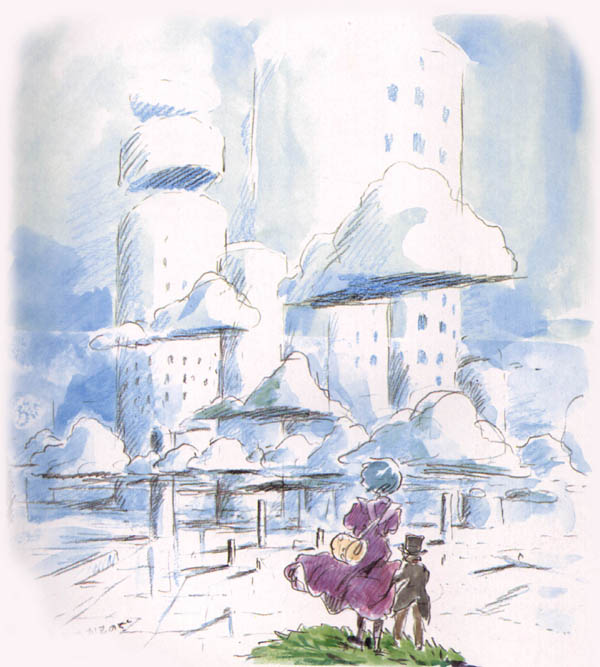 the baron (mimi wo sumaseba), tsukishima shizuku, mimi wo sumaseba, studio ghibli, 1990s (style), city, cloud, dress, hat, retro artstyle, top hat