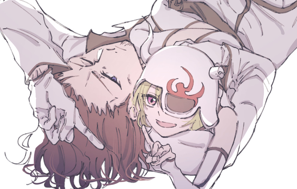 75sndnbsg, coyote starrk, lilynette gingerbuck, bleach, 1boy, 1girl, :d, blue eyes, brown hair, closed mouth, cowboy shot, dutch angle, facial hair, forehead, frown, girl on top, gloves, green hair, hair between eyes, hand up, helmet, hug, index finger raised, looking at viewer, lying, medium hair, on back, on side, one eye closed, one eye covered, open mouth, pink eyes, short hair, simple background, smile, stubble, thighhighs, tsurime, upside-down, v-shaped eyebrows, white background, white gloves, white thighhighs