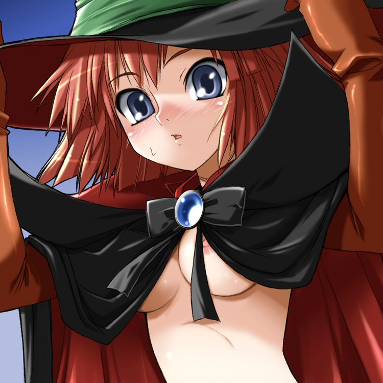 mage (dq3), chunsoft, dragon quest, dragon quest iii, enix, 1girl, blue eyes, blush, breasts, cloak, female focus, gloves, hat, midriff, nipple slip, nipples, red hair, short hair, solo, underboob, witch hat, wizard