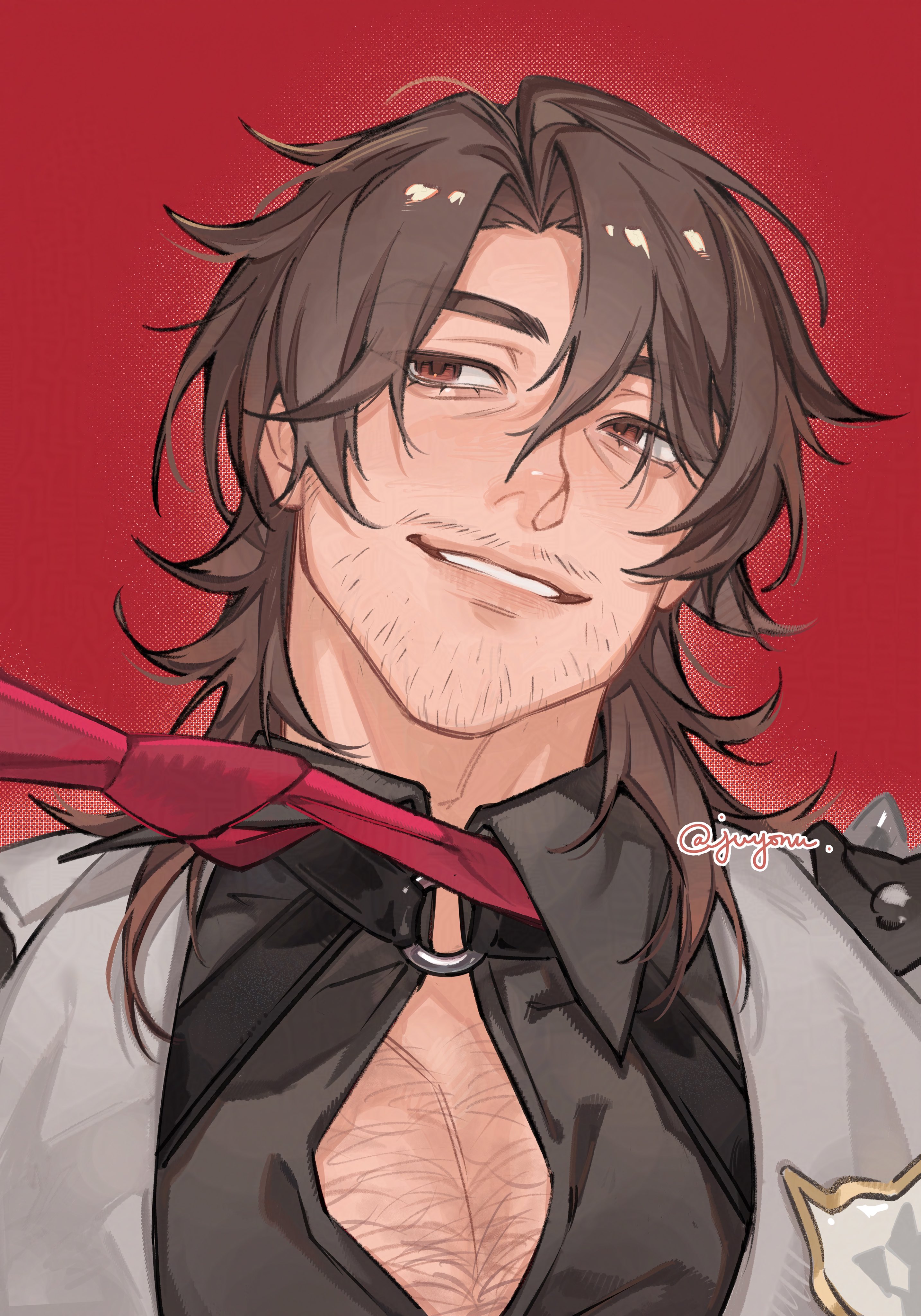 gallagher (honkai: star rail), honkai: star rail, honkai (series), absurdres, highres, 1boy, beard stubble, black shirt, brown eyes, chest hair, collared shirt, facial hair, grey jacket, grin, jacket, juyonu, looking to the side, male focus, medium hair, necktie, o-ring, open clothes, open jacket, open shirt, parted bangs, parted hair, portrait, red necktie, shirt, sideways glance, smile, solo, stubble, teeth, wing collar