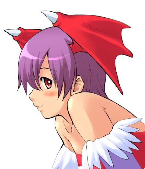 takurou, takurou (mix fry), lilith (darkstalkers), capcom, darkstalkers, source request, 1girl, blush, demon girl, female focus, head wings, portrait, purple hair, red eyes, simple background, solo, white background, wings