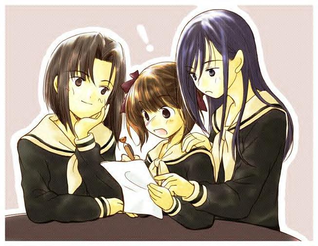 fukuzawa yumi, mizuno youko, ogasawara sachiko, maria-sama ga miteru, !, 00s, 3girls, :o, black hair, black serafuku, brown hair, letter, long sleeves, multiple girls, open mouth, pink background, reading, sailor collar, school uniform, serafuku, short hair, simple background, surprised, table, upper body