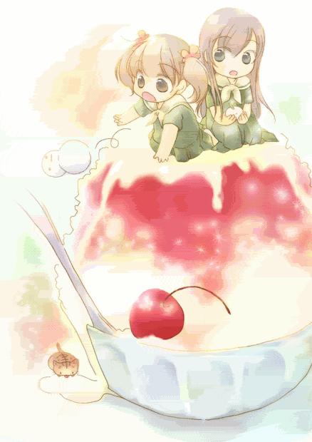 fukuzawa yumi, ogasawara sachiko, maria-sama ga miteru, duplicate, 00s, 2girls, cat, cherry, chibi, food, fruit, ice cream, in food, mini person, minigirl, multiple girls, pleated skirt, school uniform, shaved ice, skirt, snow rabbit, snowman, spoon