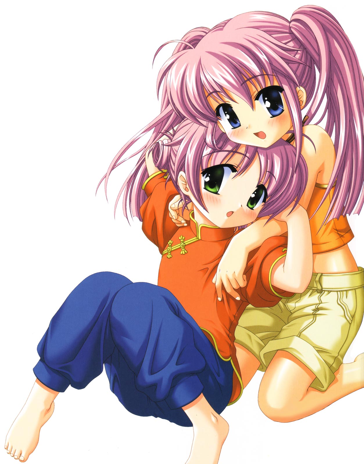 sin-go, asakura maina, asakura yuuna, hajimete no oisha-san, nanami to konomi no oshiete abc, studio ring, highres, 2girls, barefoot, blue eyes, chinese clothes, feet, green eyes, long hair, multiple girls, pink hair, short hair, siblings, sisters, twins, twintails, very long hair