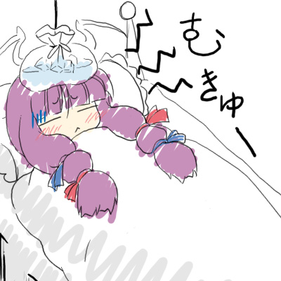 patchouli knowledge, touhou, lowres, 1girl, bed, blanket, blue bow, blunt bangs, bow, closed eyes, female focus, hair bow, lying, multiple hair bows, on back, red bow, sack, sick, sidelocks, sleeping, solo, water