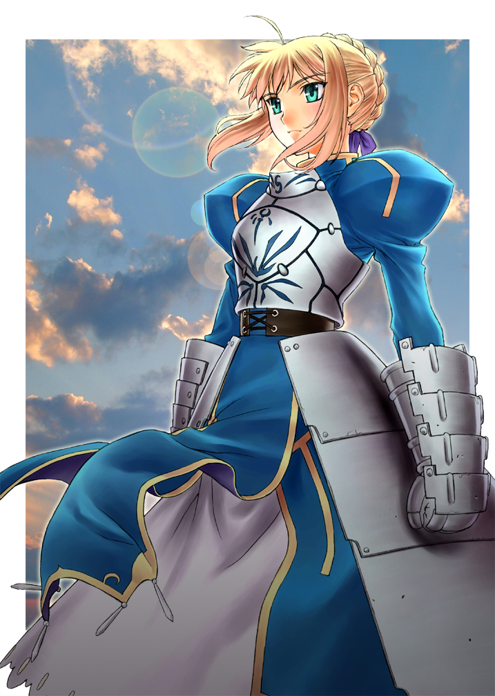 motchie, artoria pendragon (fate), saber (fate), fate/stay night, fate (series), 00s, 1girl, ahoge, armor, armored dress, blonde hair, dress, faulds, female focus, gauntlets, green eyes, solo