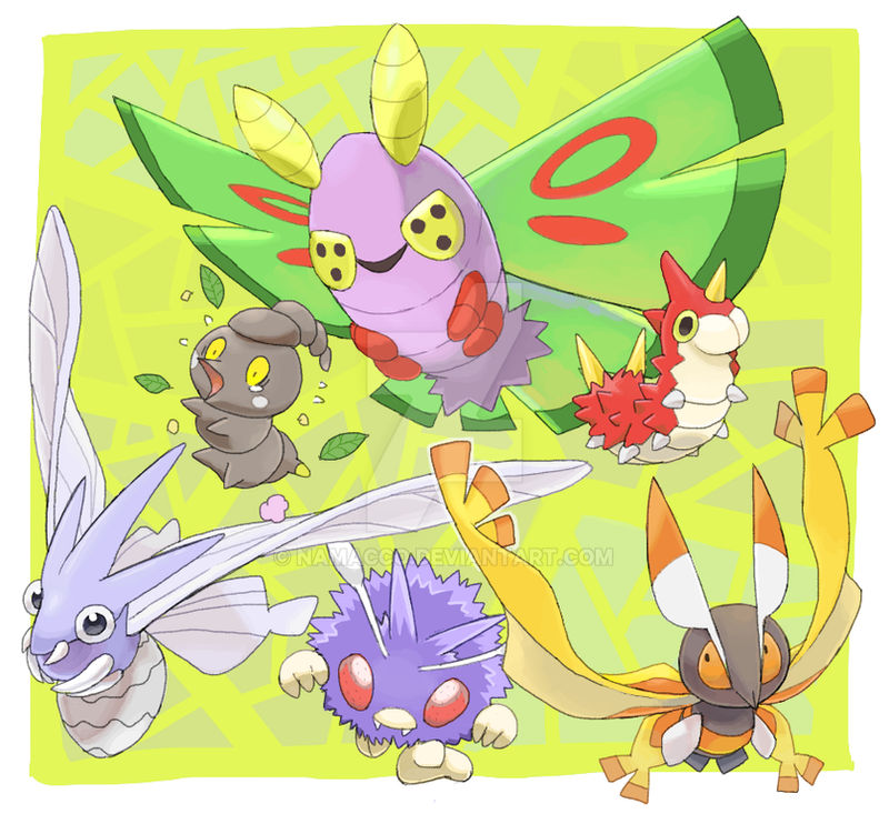 burmy, dustox, mothim, venomoth, venonat, wurmple, nintendo, pokemon, commentary, english commentary, animal focus, antennae, border, bug, deviantart logo, deviantart username, fangs, flying sweatdrops, gen 1 pokemon, gen 3 pokemon, gen 4 pokemon, insect wings, leaf, mackro t, no humans, open mouth, pokemon (creature), pokemon focus, smile, watermark, web address, white border, wings