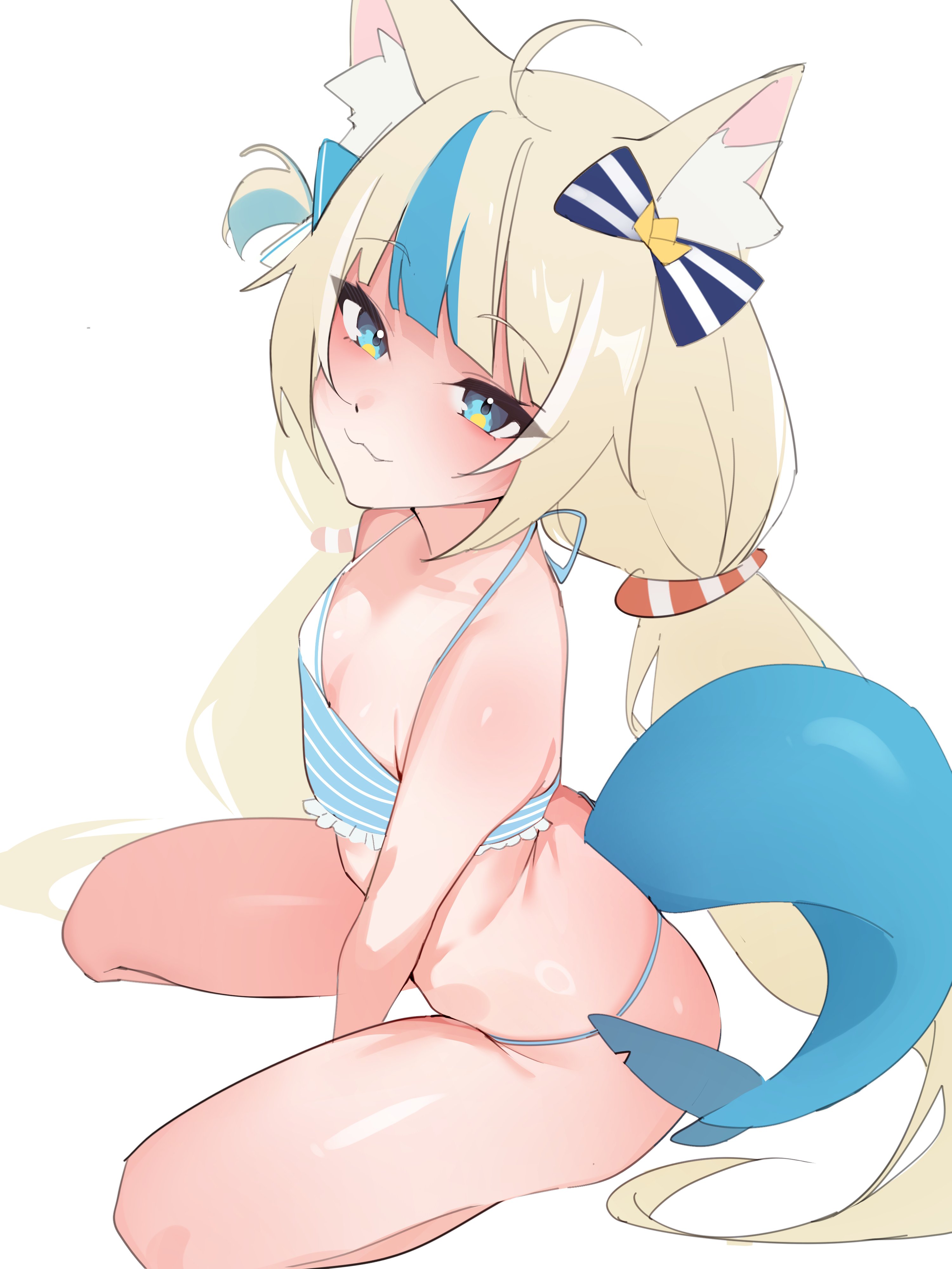 pigmentmizu, sameko saba, indie virtual youtuber, absurdres, highres, 1girl, :3, ahoge, animal ear fluff, animal ears, bikini, blonde hair, blue bow, blue eyes, blue streaks, bow, cat ears, fang, fins, fish girl, fish tail, from above, hair bow, lifebuoy hair ornament, long hair, looking at viewer, low twintails, multicolored hair, one side up, seiza, shiny skin, sitting, solo, streaked hair, striped bikini, striped clothes, swimsuit, tail, twintails, very long hair, virtual youtuber, white background