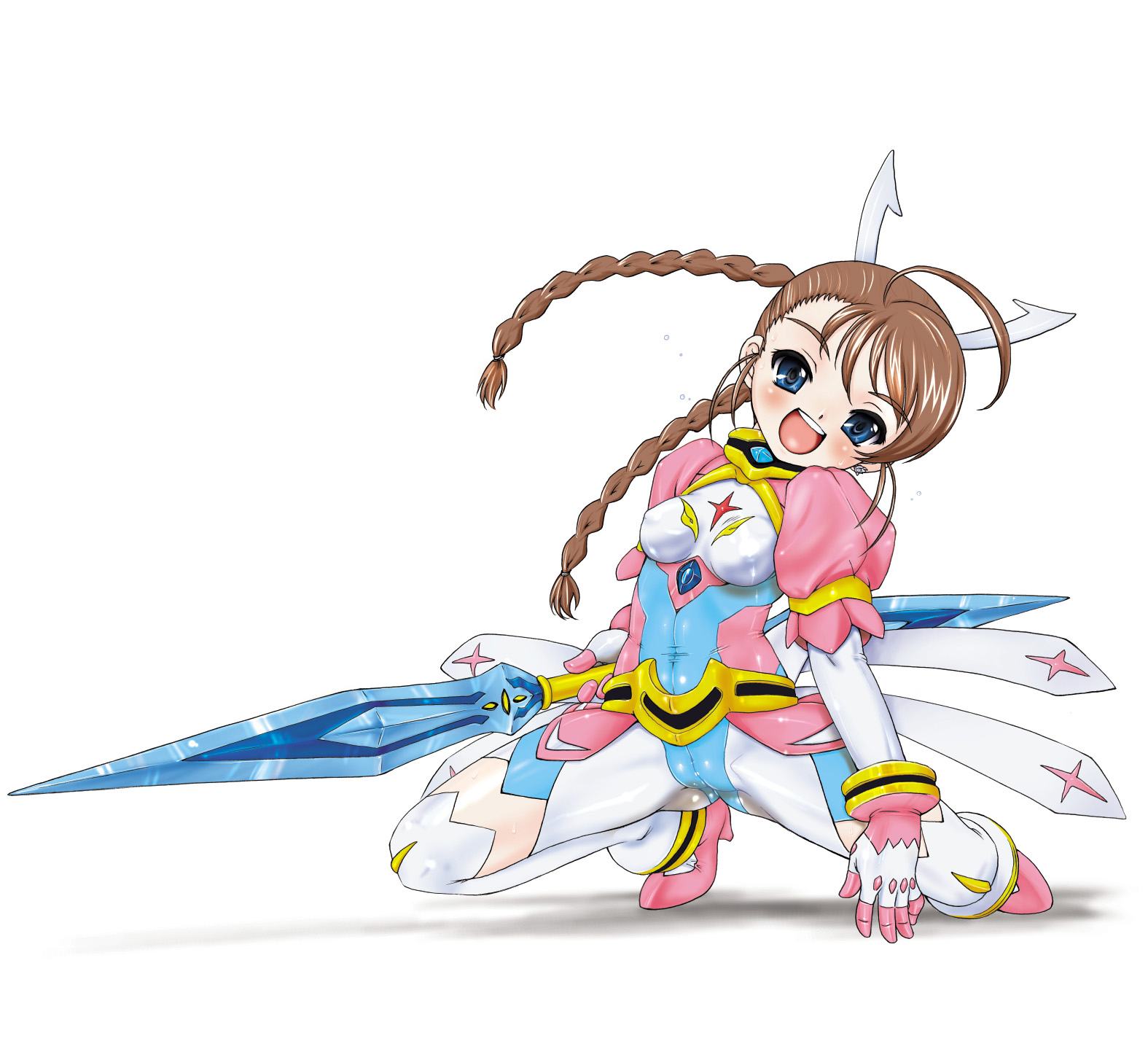 nanjou asuka, arika yumemiya, my-otome, highres, 00s, 1girl, blue eyes, breasts, brown hair, cameltoe, covered erect nipples, female focus, skin tight, small breasts, solo, thighhighs, twintails