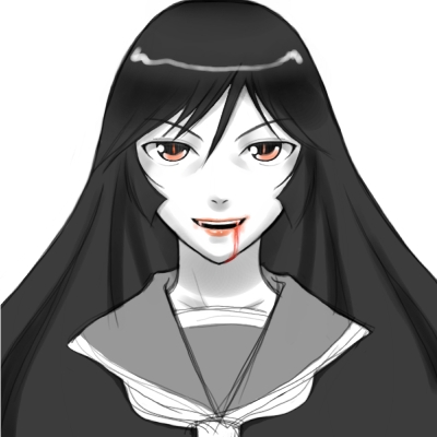 buchi (uma012017), kamura reiri, kaibutsu oujo, lowres, 00s, 1girl, blood, blood in mouth, female focus, monochrome, school uniform, serafuku, sketch, solo, spot color, vampire