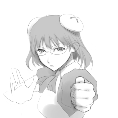 buchi (uma012017), francisca (kaibutsu oujo), kaibutsu oujo, lowres, 00s, 1girl, android, breasts, female focus, glasses, greyscale, maid, monochrome, simple background, sketch, solo