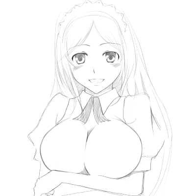 buchi (uma012017), hiyorimi sawawa, kaibutsu oujo, lowres, 00s, 1girl, breasts, female focus, greyscale, large breasts, maid, monochrome, simple background, sketch, solo