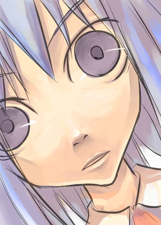 crimsonlover (shigure), shigure (crimsonlover), cirno, touhou, eyebrows, 1girl, blue hair, close-up, crazy eyes, creepy, female focus, horror (theme), looking at viewer, short hair, solo, staring