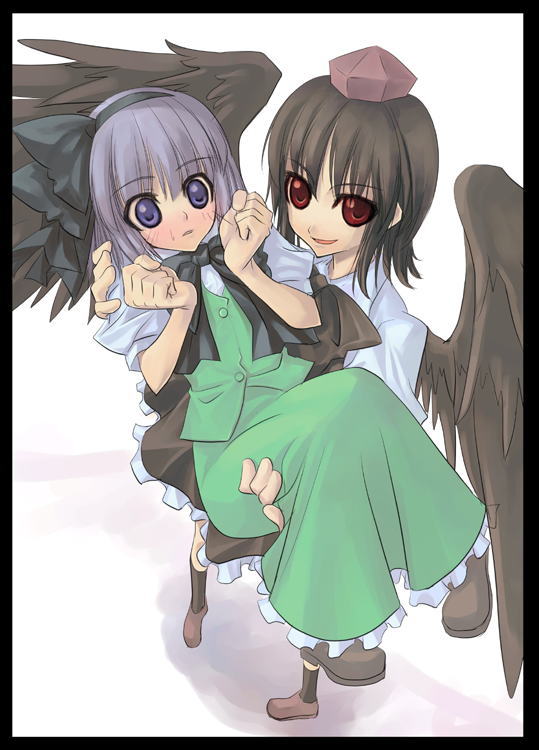 crimsonlover (shigure), shigure (crimsonlover), konpaku youmu, shameimaru aya, touhou, 2girls, black border, black wings, border, carrying, female focus, hat, multiple girls, princess carry, wings