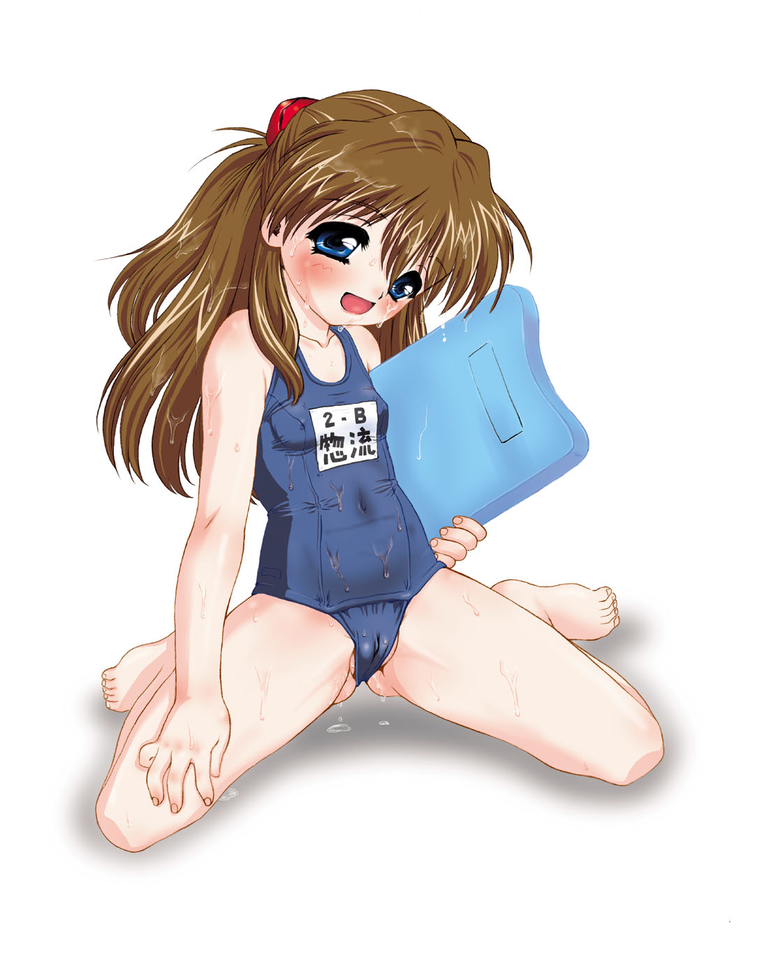 nanjou asuka, souryuu asuka langley, neon genesis evangelion, highres, translated, cameltoe, loli, long hair, name tag, one-piece swimsuit, school swimsuit, solo, swimsuit, wet