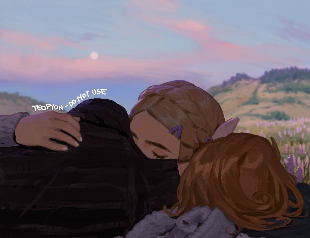 pyonteo, link, princess zelda, nintendo, the legend of zelda, the legend of zelda: breath of the wild, 1boy, 1girl, black sweater, blonde hair, blurry, blurry background, cuddling, hair ornament, hairpin, lying, on side, sweater