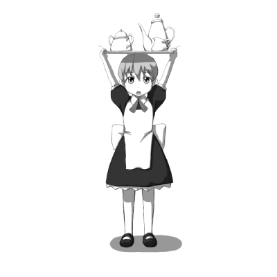 buchi (uma012017), flandre (kaibutsu oujo), kaibutsu oujo, lowres, 00s, 1girl, android, female focus, full body, maid, monochrome, simple background, solo, tea set