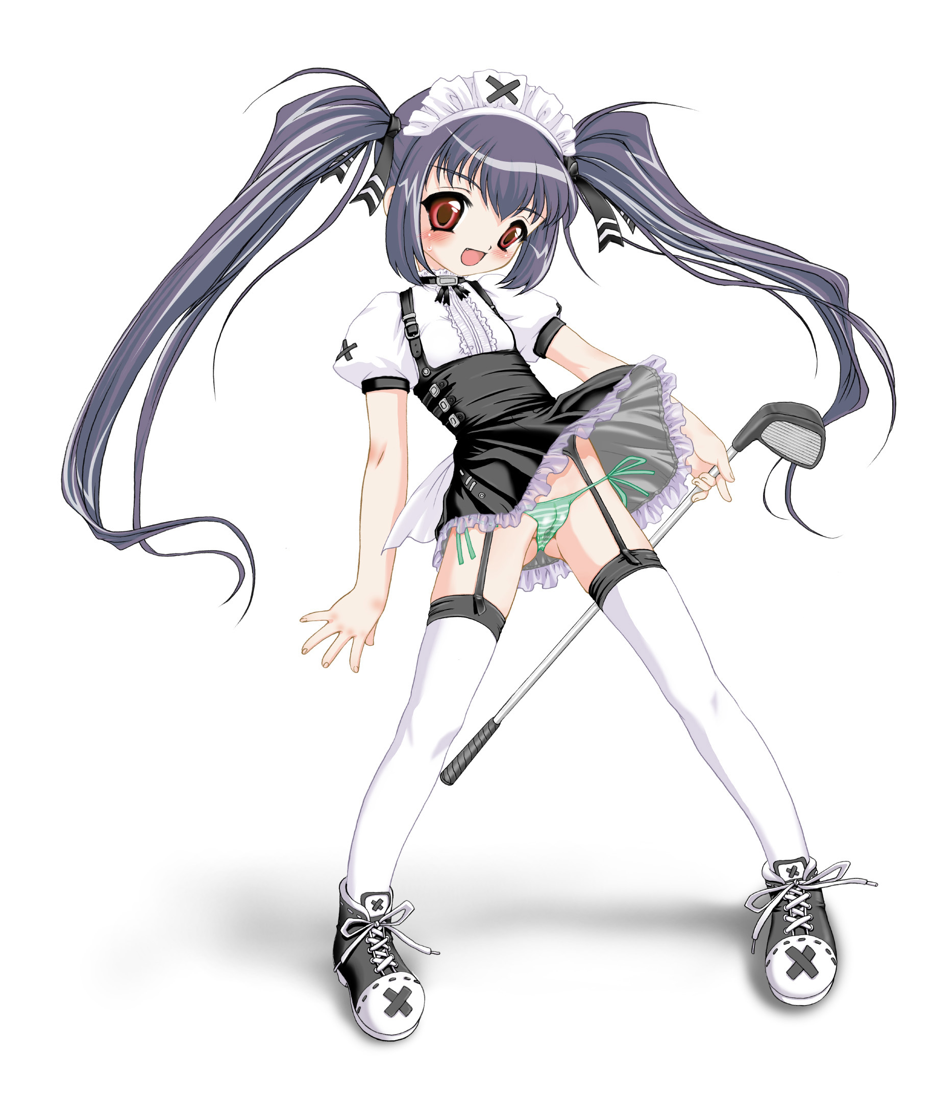 nanjou asuka, kooh (pangya), pangya, highres, 1girl, cameltoe, female focus, full body, garter belt, lingerie, long hair, lowleg, lowleg panties, maid, panties, pussy juice, shoes, solo, standing, striped clothes, striped panties, thighhighs, twintails, underwear, wet, wet clothes, wet panties, white background