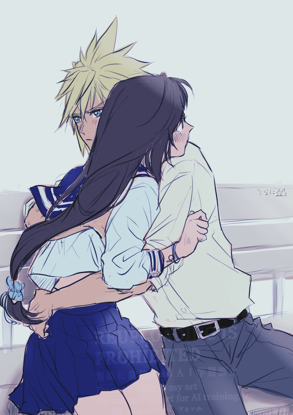 ninnin5tora, cloud strife, tifa lockhart, tifa lockhart (midgard seventh high school), final fantasy, final fantasy vii, final fantasy vii ever crisis, commentary request, highres, 1boy, 1girl, arm around back, arm around waist, belt, belt buckle, black hair, blonde hair, blue eyes, blue sailor collar, blue scrunchie, blue skirt, blush, bracelet, buckle, closed mouth, cloud strife (midgard seventh high school), couple, cowboy shot, from side, grey background, grey pants, hair ornament, hair scrunchie, hand on another's back, hand on another's hip, head on another's shoulder, heads together, hug, jewelry, long hair, low-tied long hair, miniskirt, official alternate costume, on bench, pants, pleated skirt, profile, sailor collar, school uniform, scrunchie, serafuku, shirt, short hair, signature, sitting, skirt, spiked hair, white serafuku, white shirt
