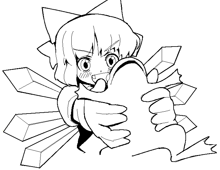 shiba itsuki, cirno, embodiment of scarlet devil, touhou, 1girl, bow, female focus, frog, greyscale, monochrome, sibaki, simple background, solo, white background