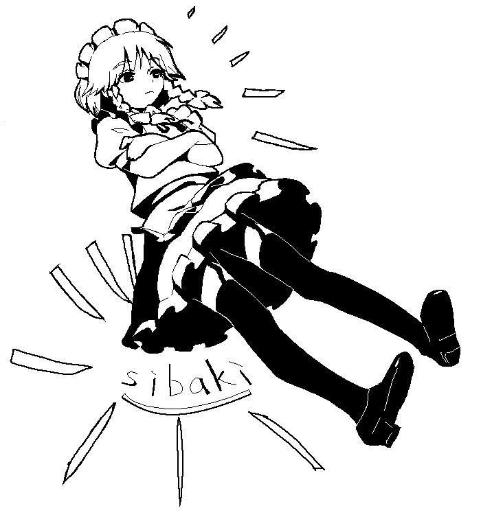 shiba itsuki, izayoi sakuya, touhou, 1girl, female focus, greyscale, monochrome, sibaki, simple background, solo, thighhighs, white background
